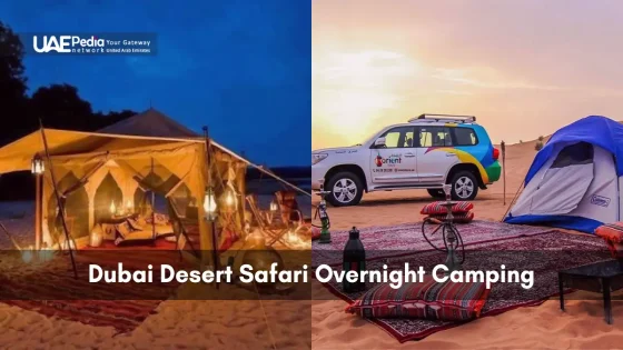 Combined scene of a lit Bedouin tent at night and a sunset campsite with 4×4 and dome tent on dunes