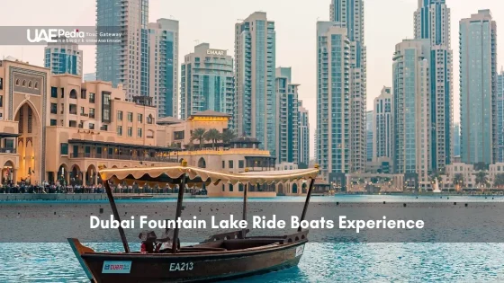 Boat ride on Dubai Fountain Lake with city skyline in the background