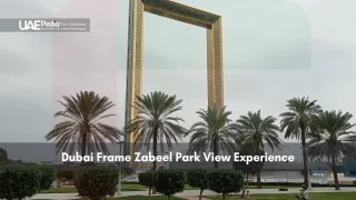 The Dubai Frame monument with palm trees at Zabeel Park