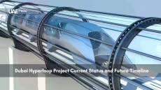 A futuristic Hyperloop train inside a transparent tube representing Dubai's project.
