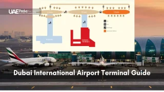 Map of Dubai International Airport with terminals, gates, and transportation details.