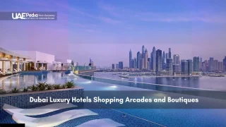 Rooftop pool view of luxury hotels and shopping arcades in Dubai