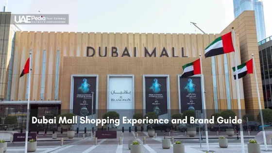 Exterior view of Dubai Mall with UAE flags and brand ads