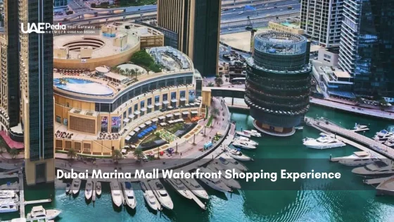 Dubai Marina Mall and yachts along waterfront promenade