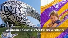 Child smiling beside Museum of the Future in Dubai