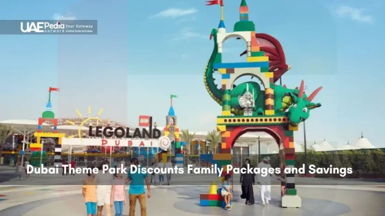 Families walking into LEGOLAND Dubai theme park with colorful entrance