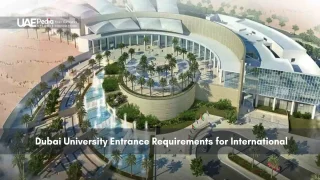 Aerial view of a large university campus in Dubai with palm trees and fountain