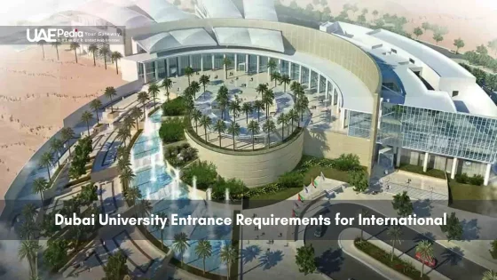 Aerial view of a large university campus in Dubai with palm trees and fountain