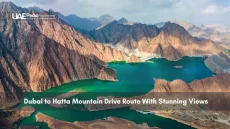 Aerial view of Hatta mountain range and turquoise reservoir in UAE.