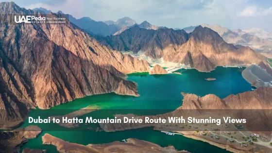 Aerial view of Hatta mountain range and turquoise reservoir in UAE.