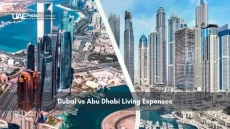 Split view of Dubai and Abu Dhabi skyscrapers from aerial perspective