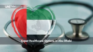 Heart-shaped UAE flag over globe with stethoscope background.