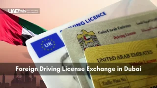 Image showing foreign driving licenses with UAE flag, focusing on Dubai exchange process.