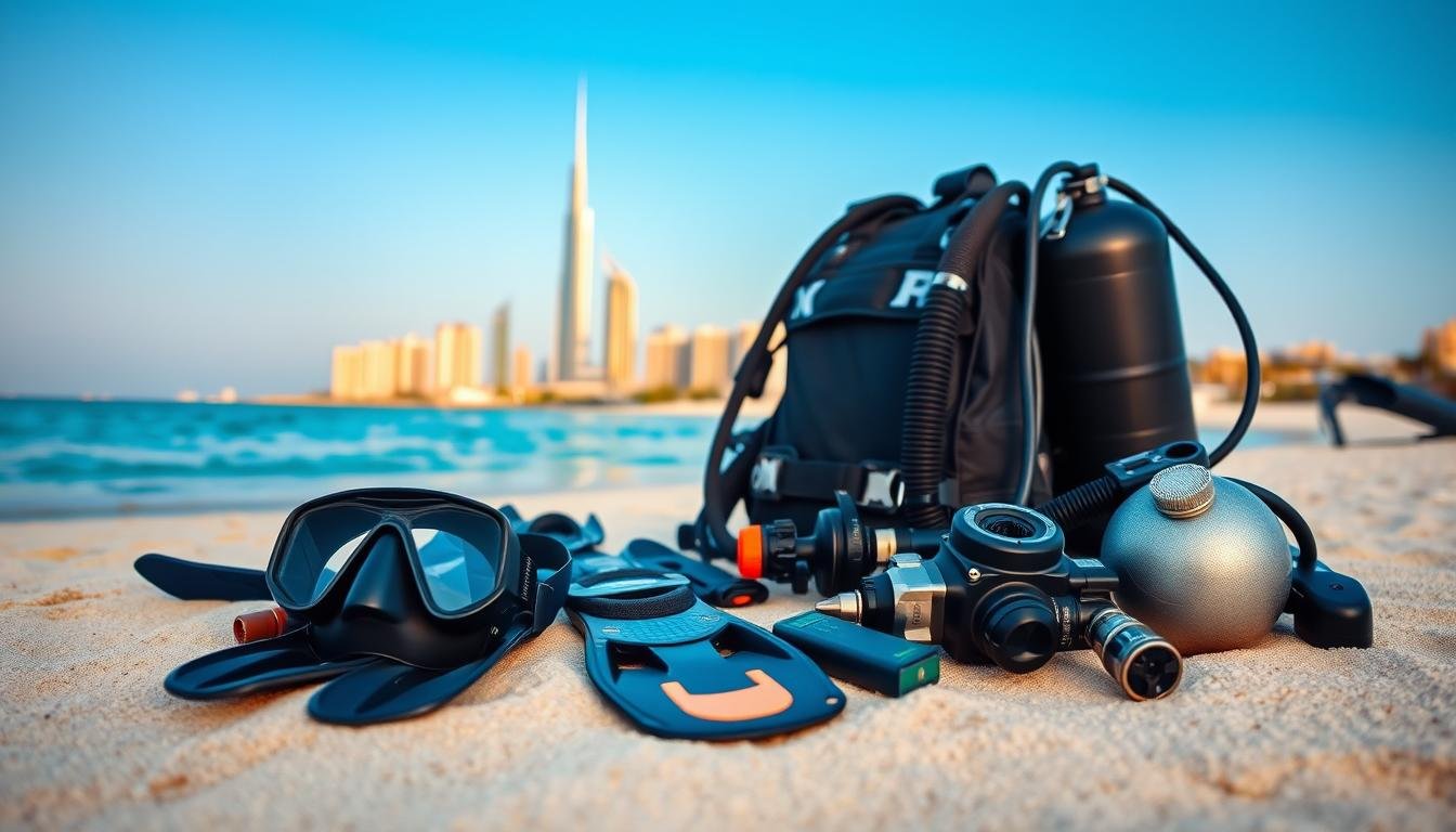 High-quality wide-angle shot of an assortment of scuba diving equipment laid out on a sandy beach, with the iconic Dubai skyline and clear blue sky in the background. The foreground features a variety of essential gear including a mask, snorkel, fins, buoyancy control device, regulator, tank, and wetsuit, all arranged in an aesthetically pleasing manner. The middle ground showcases the technical details of the equipment, with a clean, well-lit composition that highlights the materials, textures, and functionality of each item. The background bathes the scene in warm, natural light, creating a sense of adventure and exploration. The overall mood is one of preparedness and excitement, inviting the viewer to dive right in.