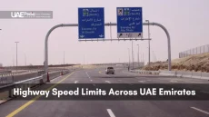 Image showing a highway sign for speed limits and directions across UAE emirates.