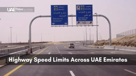 Image showing a highway sign for speed limits and directions across UAE emirates.