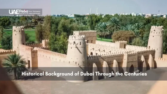 Restored historic fort structure surrounded by palm trees in Dubai