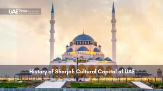 Grand mosque in Sharjah at sunset with domes and minarets