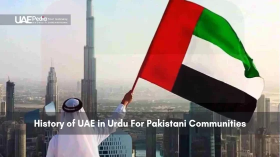 Man in traditional dress holding UAE flag with Burj Khalifa in background