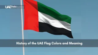 UAE national flag flying on a pole with clear sky