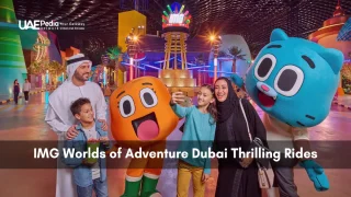 Visitors and cartoon characters posing for a selfie amid neon-lit rides and decorations at IMG Worlds of Adventure Dubai.