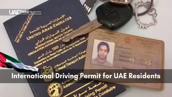 International driving permit for UAE residents with ID, passport, and keys.