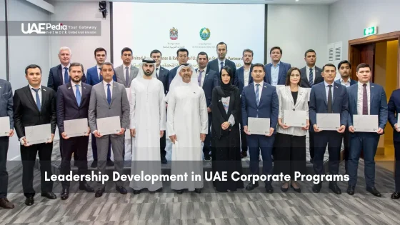 Group photo of UAE and international participants at a corporate event