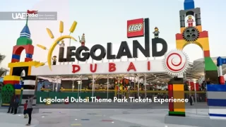 Entrance gate to Legoland Dubai with large LEGO structures and figures