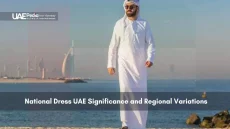 Emirati man in traditional dress walking near Dubai coastline