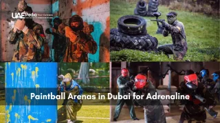 Composite of paintball players in camo and masks in indoor arena, grass field, barricade, and team action