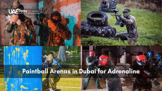 Composite of paintball players in camo and masks in indoor arena, grass field, barricade, and team action
