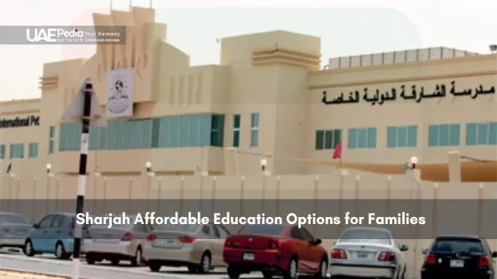 Exterior of a private school building in Sharjah with parked cars