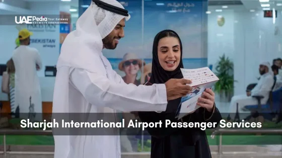 Passenger services at Sharjah International Airport with staff assisting travelers.