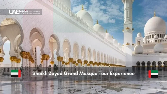 Exterior corridor view of Sheikh Zayed Grand Mosque with ornate arches and domes