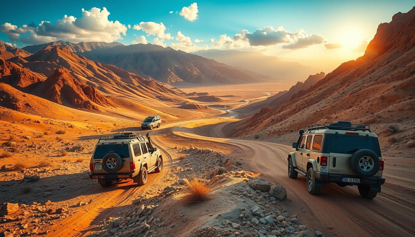 Sweeping vistas of diverse off-road routes through the dramatic landscapes of the UAE mountains. Rugged 4x4 vehicles navigate winding desert crossings, ascending rocky trails with towering peaks in the distance. Warm, golden sunlight illuminates the scene, casting long shadows across the undulating terrain. A wide-angle lens captures the scale and grandeur of this outdoor adventure playground, highlighting the thrilling off-road experience for enthusiasts. Majestic, cloud-dotted skies add to the sense of awe and exploration, inviting the viewer to imagine themselves traversing these untamed, natural pathways.