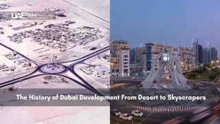 Dubai clock tower area transformation from desert to urban cityscape