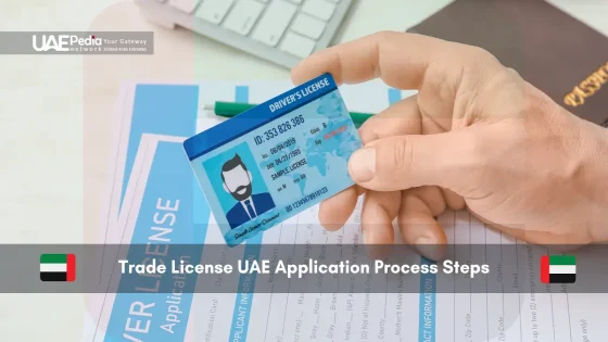 Hand holding UAE driver's license over trade license application form