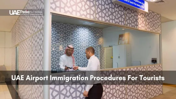 Tourist processing at the UAE airport immigration office for entry procedures.