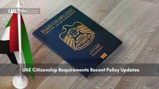 UAE passport beside national flag on a wooden table