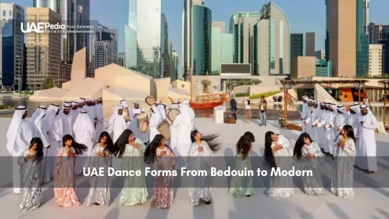 Traditional UAE dance performance with modern city backdrop.