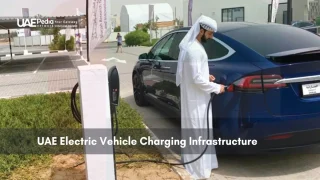 Man in traditional Emirati attire charging an electric car