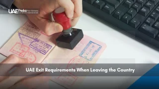 A person stamping a passport, indicating UAE exit requirements.
