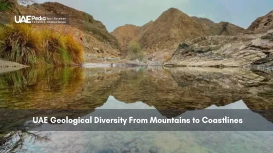 Rocky mountains with a reflective water body showing UAE's terrain