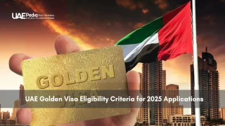 UAE Golden Visa card and UAE flag with cityscape in the background