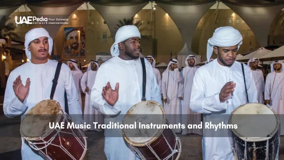 Emirati men in traditional dress playing drums during a cultural event