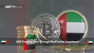 Coins and digital tokens with UAE flag and key showing investment concept
