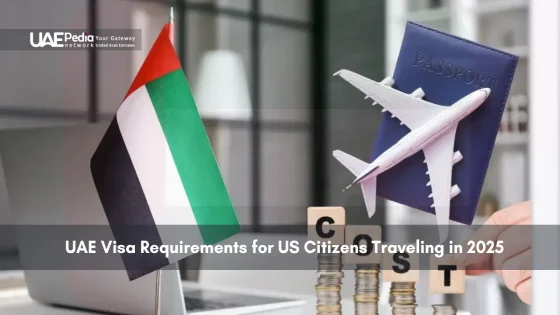 UAE flag, passport, airplane, and cost symbol representing travel requirements