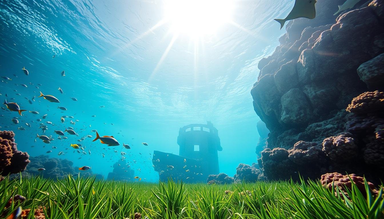 Underwater seascape of UAE's vibrant coral reef ecosystem, teeming with diverse marine life. Sunlight filters through the crystal-clear waters, illuminating schools of tropical fish, swaying sea fans, and the shadowy silhouettes of majestic rays and sharks. In the foreground, a lush meadow of swaying seagrass provides a verdant contrast to the rugged limestone formations and shipwrecks in the middle ground. The scene exudes a sense of serene exploration, capturing the wonder and tranquility of UAE's hidden underwater world.