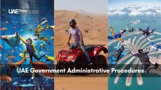 Combined image showing indoor diving with rays, quad biking on dunes, and skydivers over Palm Jumeirah
