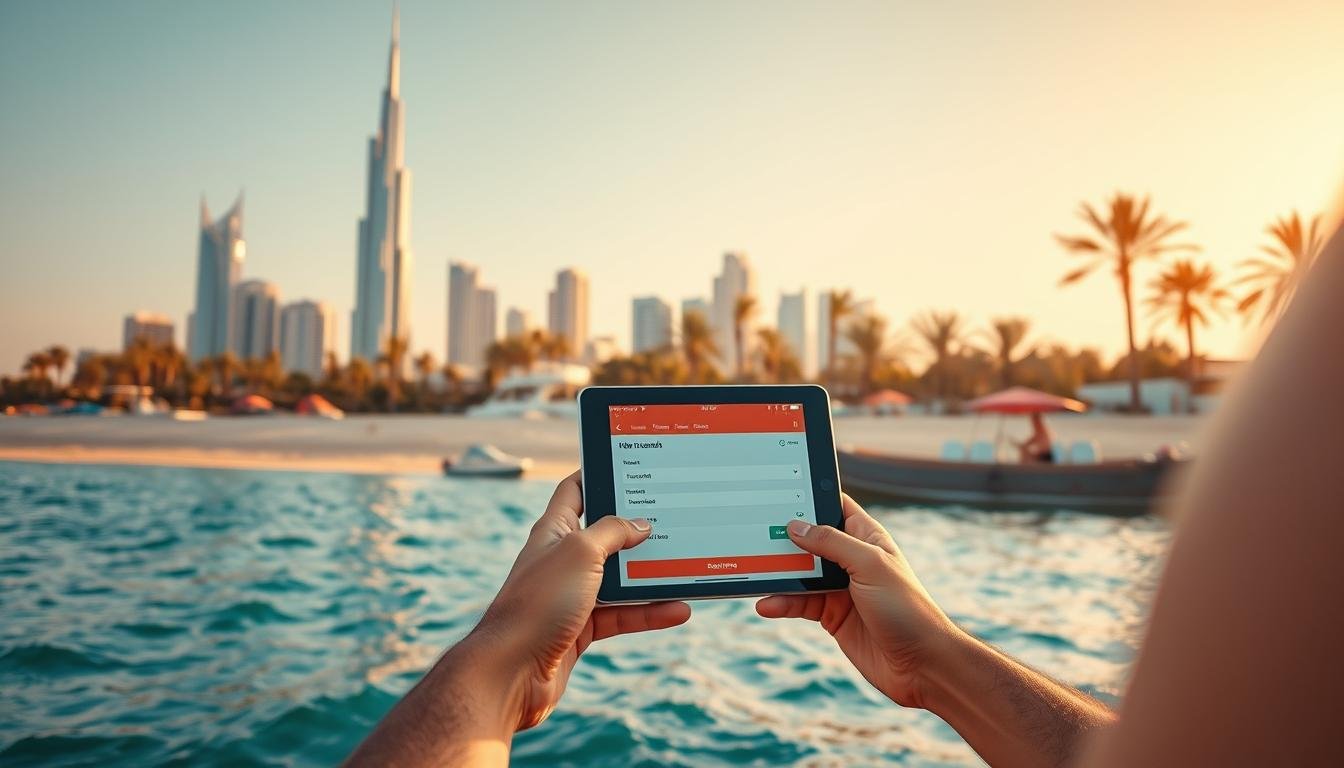 Wide-angle, cinematic shot of a kitesurfing lesson booking process at Kite Beach, Dubai. In the foreground, a person using a tablet or smartphone to navigate an online booking platform, with the iconic skyline of Dubai's skyscrapers and palm trees as the backdrop. Warm, golden afternoon light bathes the scene, creating a vibrant, welcoming atmosphere. The focus is on the booking interface, showcasing the ease and convenience of arranging a kitesurfing lesson in this idyllic coastal setting.
